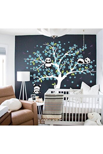 Sayala Autocolant de perete, copac cu model panda, albastru, PVC, 180 x 200 cm