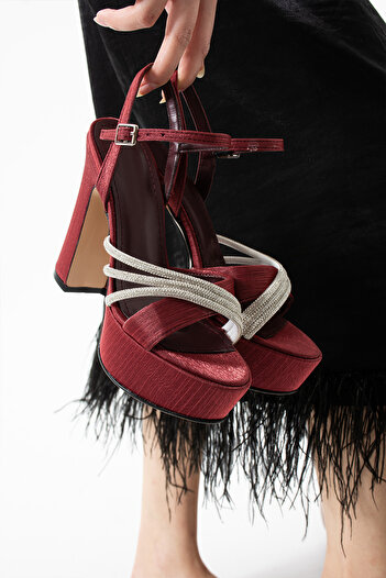 LUCKY COLLECTİON Sinny Burgundy Satin Stone Detailed Women's Evening Dress Heeled Shoes