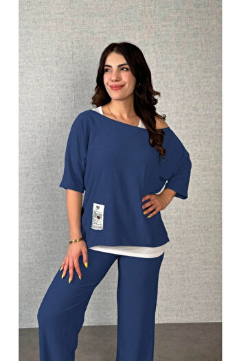 JANES Women's Short Sleeve Off-The-Shoulder Batwing Sleeve Wrap-Around Blouse, Pants and Viscose Undershirt, Set of 3