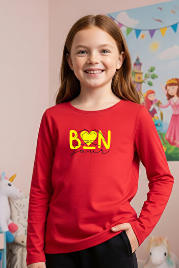 FYK KİDS Round Neck Heart Printed Detail Girl's Sweatshirt