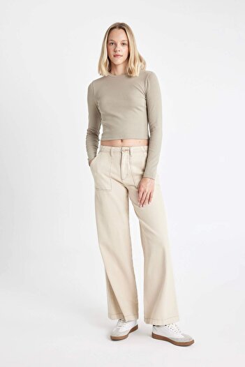 DeFacto Y9870 Khaki Fitted Crew Neck Ribbed Camisole Basic Plain Long Sleeve T-Shirt