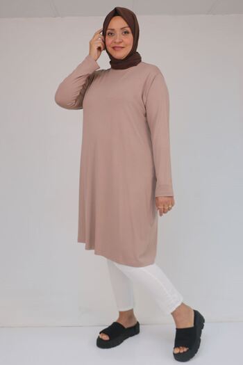 Eslina 38501 Plus Size Basic Combed Cotton Tunic - Beige