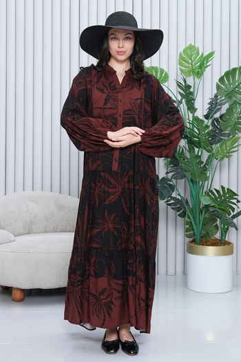 EL jadida Women's Patterned Plus Size Viscose Hijab Dress Burgundy