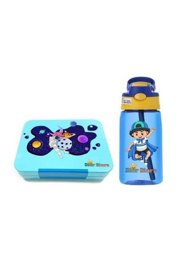 StarMarz - Blue Space Bento Glitter Lunch Box with Plastic Water Bottle Super Boy (480ml) - Blue