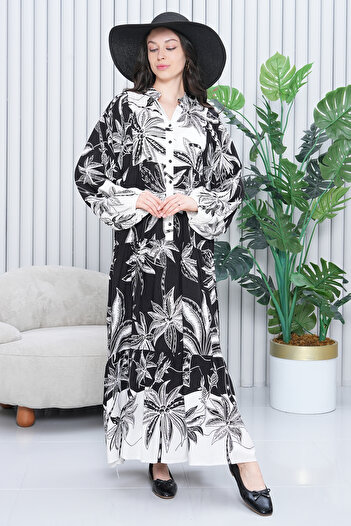 EL jadida Women's Patterned Plus Size Viscose Hijab Dress Black