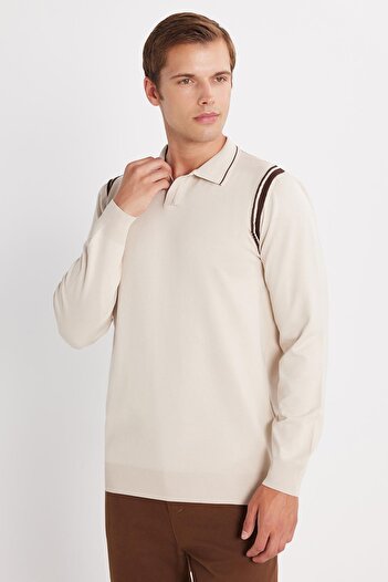 Tudors Men's Slim Fit Slim Fit Long Sleeve Polo Neck Striped Stone Sweater