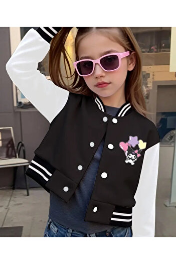 Machetta Girl's Kuromi Printed Black and White Color Buttoned College Jacket