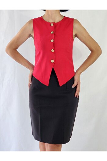 YAXİ Body-Fitting Crew Neck Unprimed Red Woven Vest
