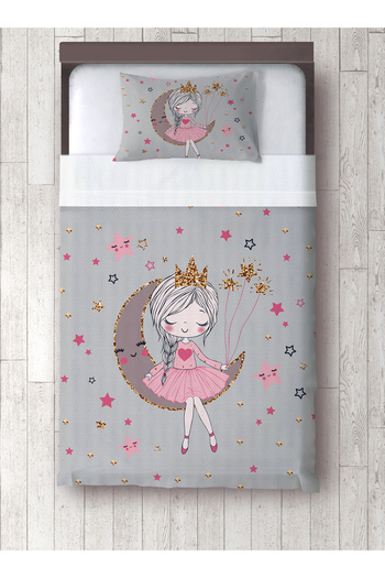 yok yok evim eve dair her şey Gray Girl Sitting on the Moon Patterned Single Pique and Pillowcase Bedspread Set