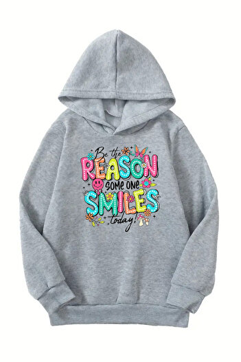CLAYES Унисекс сив детски суитшърт с качулка - щампа Reason Smile, релефна дебела материя