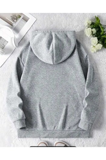 caddekombin Hibiscus Printed Hooded Pocket Cotton Gray Sweatshirt