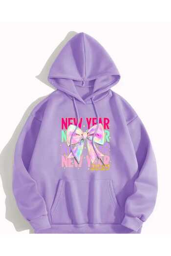caddekombin New Year 2025 Printed Hooded Pocket Cotton Lilac Sweatshirt