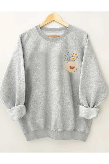 caddekombin Floral Pocket Chest Printed Crew Neck Gray Sweatshirt
