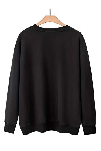 caddekombin Floral Pocket Chest Printed Crew Neck Black Sweatshirt