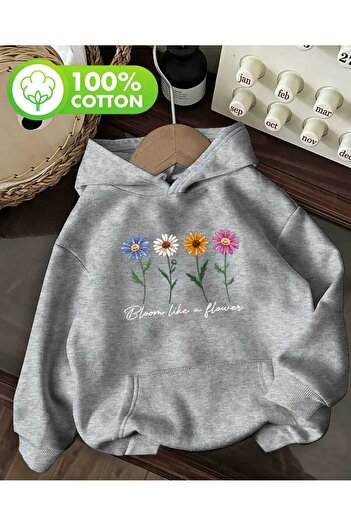 caddekombin Φούτερ με κουκούλα με στάμπα Bloom flower, βαμβακερό γκρι με τσέπες