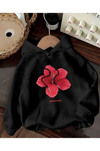 caddekombin Μπλουζάκι με κουκούλα με στάμπα Hibiscus, βαμβακερό μαύρο φούτερ με τσέπες