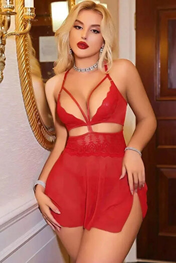 Bleu Petite Red Transparent Detail Fancy Nightdress Panty Set
