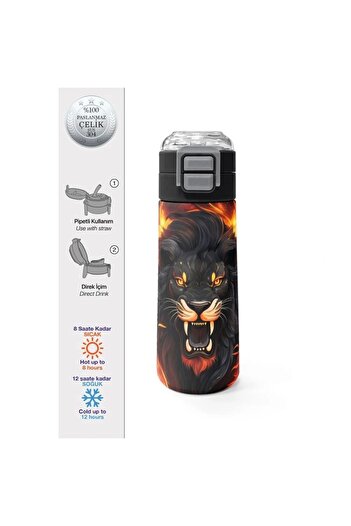 Coral High 31871 Kids Black Lion Patterned Thermos with Straw and Direct Drinking Steel Thermos 500ml
