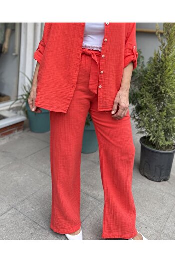 DenizEge Belted Muslin Trousers Pomegranate Flower