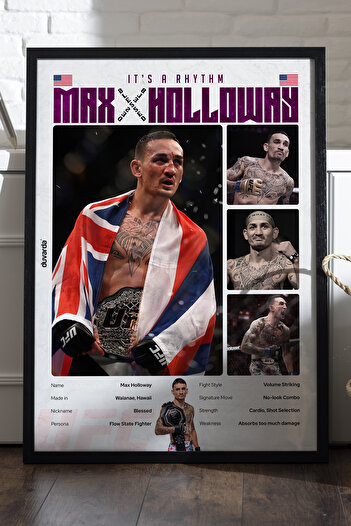 Duvarda Max Holloway UFC Siyah Ahşap Çerçeveli Dekoratif Dövüş Duvar Tablosu