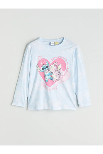 LC Waikiki LCW Kids Mavi Bisiklet Yaka Stitch ve Angel Baskılı Kız Çocuk Pijama Takım