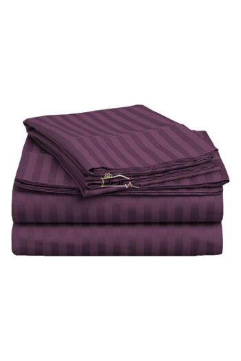 HomePuls Bed Sheet with Elastic Damask 100% Cotton Stripe 1 cm, 230 x 250 cm for Mattress 180 x 200 cm, Purpl