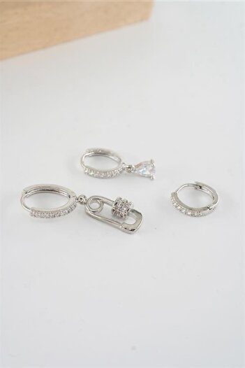 By Zeyna Aksesuar Women's Vip Series Antiallergic Baguette Zircon Stone 3-Piece Earrings