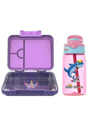 StarMarz - Unicorn Purple Bento Glitter Lunch Box with Plastic Water Bottle Shark (480ml) - Purple