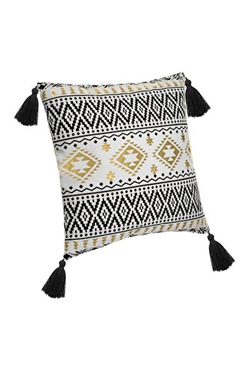 OEM Summer Pillow Ecru Black with Gold Foil Linear Pattern and Black Tassels