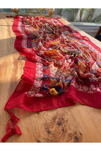 Bohemian Red Organic Tasseled 100 X 180 cm Pareo Shawl 1758092