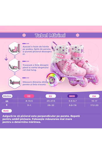 Elindor Adjustable Roller Skates for Kids, Triangle Platform for Stability, Size XS, Pink