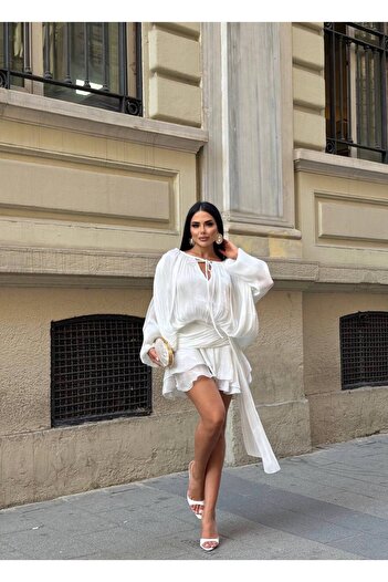 Bak'ap Premium Trend Shiny Fabric Draped Balloon Sleeve Skirt Ruffle Shorts Dress
