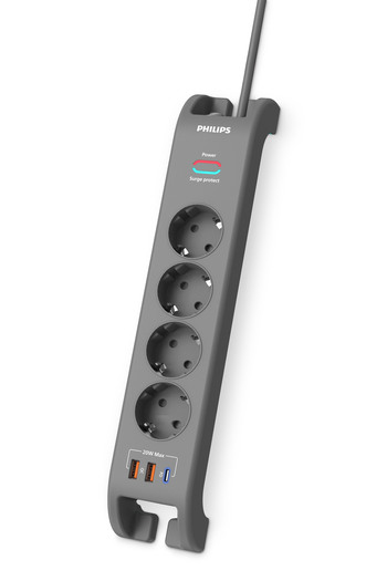 Philips Spn4140Ga Surge Protected Socket 4 + 2X Usb-A 18W + 1X Usb-C 20W - 2m Cable - Black