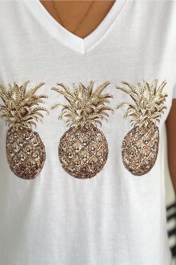 FEMELLE Women's White 100% Cotton T-Shirt V-Neck Pineapple Sequin and Embroidery Embroidered