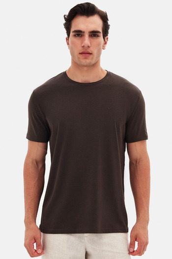 D'S Damat Ds Damat Regular Fit Καφέ Απλό Κεντημένο 100% Βαμβακερό T-Shirt