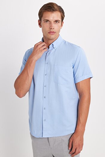 Tudors Men's Classic Regular Fit Relaxed Fit Button down Sport Collar Oxford Cotton Short Sleeve Blue Shirt