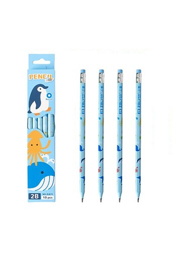 Flippy Set 10 creioane negre, Flippy, 2B, pentru elevi, cu radieră, model pinguin albastru