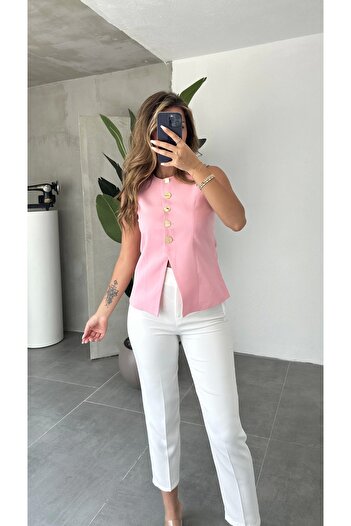 Asfa Moda Women's Pink Gold Buttoned Lined Regular Cut Vest
