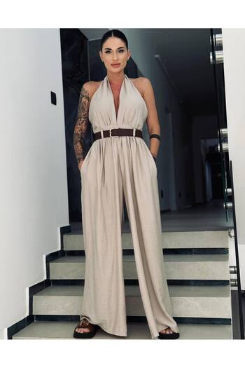 Zatara Fashion Elya Beige Viscose Jumpsuit – Elegance and Comfort