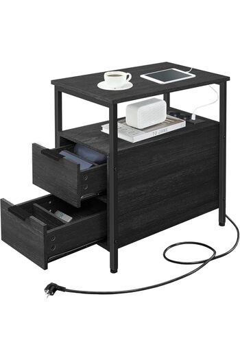 VASAGLE Noptiera 60x35x61 cm, cu 2 sertare, rafturi si priza incorporata, PAL si otel, negru
