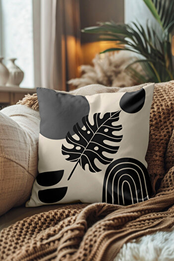 Hayal Dekoratif Bohemian Boho Patterned Floral Cream Floor Single Digital Printed Throw Pillow Cover in Black Gray Colors