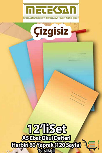Meteksan Unlined School Notebook A5 Size 60 Sheets (120 Pages) Cardboard Cover Wire Stitched