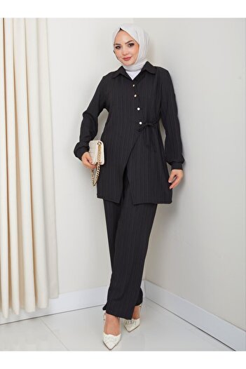 Hb Harma Time Butik Women's Belted Buttoned Strawberry Fabric Black Double Suit