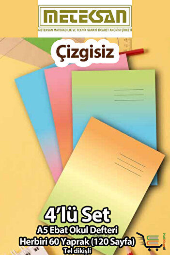 Meteksan Unlined School Notebook A5 Size 60 Sheets (120 Pages) Cardboard Cover Wire Stitched