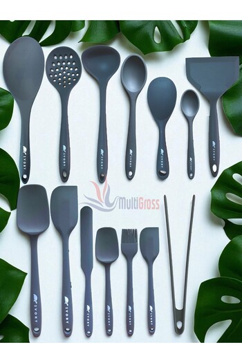 Multiamo Heat Resistant Silicone Tongs Colander Ladle Spatula Spoon Set (30-28-22-20 cm) 14 Pieces
