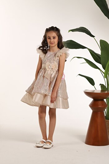 MİSS RAİN Pul Sequence Ruffle Padded Look Sleeve Detail Girl's Evening Dress