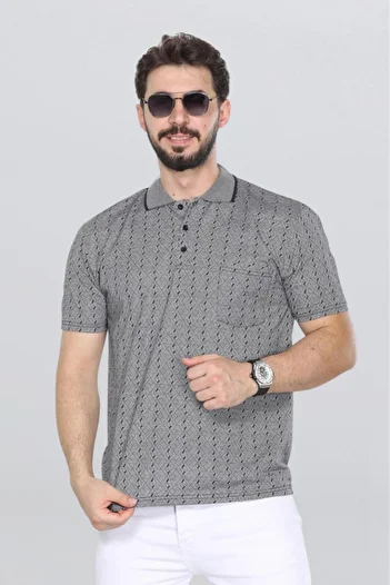 HEDEFNUR TEKSTİL Men's Gray Dad T-Shirt with Collar and Pocket, Patterned Model, Jacquard, Classic Cut