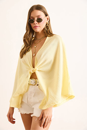 Olalook Women's Yellow Bat Model Crop Muslin Kimono Kmn-00000071