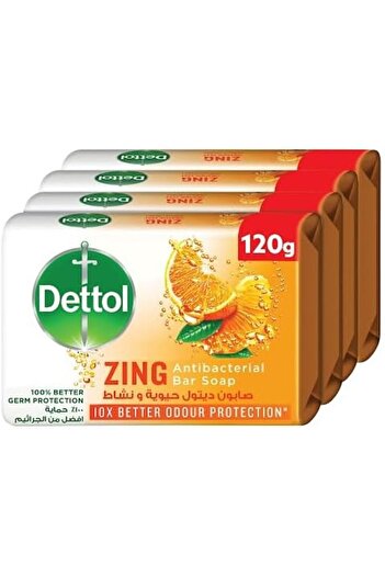 Dettol Antibacterial Zing Soap Bars with Odor Protection - Pack of 4 (3+1), 120g Each