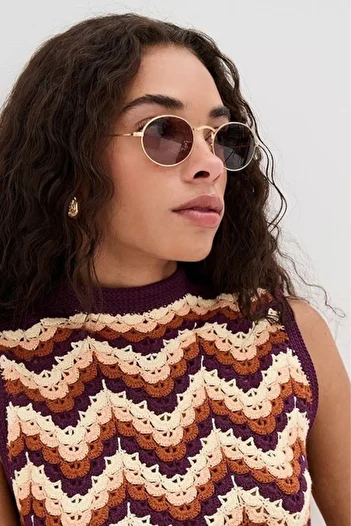 Eyesofia Milenya Gold Brown Ellipse Metal Unisex Sunglasses